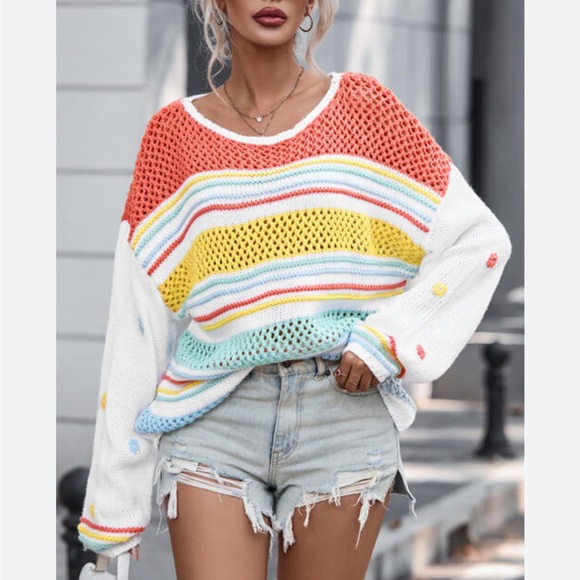BiBi Sweaters - Bibi Size Large Boho Crochet Knit Multicolor Striped Women's Sweater‎